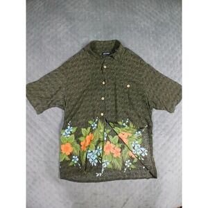Puritan Mens Medium Olive Green Tropical Floral Rayon Button Down Shirt Hibiscus